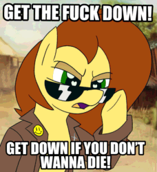 Size: 875x960 | Tagged: safe, imported from ponybooru, oc, oc:postal mare, earth pony, pony, clothes, female, jacket, mare, meme, ponified, postal, postal 2, postal dude, running with scissors, species swap, sunglasses, text, threat, video game, video game reference, vulgar