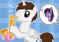 Size: 1306x928 | Tagged: safe, artist:tanahgrogot, imported from derpibooru, twilight sparkle, oc, oc:neo star, alicorn, base used, eyes closed, female, happy, heart, looking at each other, looking at someone, male, mare, musical instrument, saxophone, smiling, stallion, twilight sparkle (alicorn), watermark