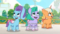 Size: 3072x1727 | Tagged: safe, imported from derpibooru, screencap, earth pony, pegasus, pony, unicorn, spoiler:g5, spoiler:my little pony: tell your tale, spoiler:tyts01e67, female, filly, foal, g5, glory (g5), my little pony: tell your tale, open mouth, open smile, peach fizz, pippsqueak trio, seashell (g5), smiling, the rise and fall, trio, trio female