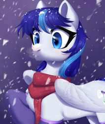 Size: 2000x2350 | Tagged: safe, artist:nika-rain, imported from derpibooru, oc, oc only, oc:snowflake flower, pegasus, pony, big eyes, blue eyes, blue mane, blue tail, chest fluff, clothes, commission, commissions open, ear fluff, ears up, eyes open, feathered wings, female, folded wing, fringe, gradient background, gritted teeth, half body, high res, looking at someone, mare, partially open wing, pegasus oc, scarf, snow, socks, solo, tail, teeth, two toned mane, two toned tail, vapor, wings, winter, ych result, your character here