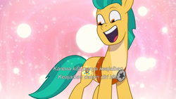 Size: 3072x1727 | Tagged: safe, imported from derpibooru, screencap, hitch trailblazer, earth pony, pony, spoiler:g5, spoiler:my little pony: tell your tale, spoiler:tyts01e67, cutie mark, g5, indonesian, male, my little pony: tell your tale, open mouth, open smile, smiling, solo, stallion, the rise and fall