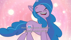 Size: 3072x1727 | Tagged: safe, imported from derpibooru, screencap, izzy moonbow, pony, unicorn, spoiler:g5, spoiler:my little pony: tell your tale, spoiler:tyts01e67, cutie mark, eyes closed, female, g5, indonesian, mare, my little pony: tell your tale, open mouth, open smile, smiling, solo, the rise and fall