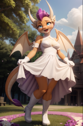 Size: 1360x2048 | Tagged: safe, imported from derpibooru, smolder, anthro, dragon, plantigrade anthro, ai content, ai generated, boots, breasts, clothes, crying, dragoness, dress, female, flower, generator:seaart.ai, gloves, lizard breasts, looking at you, marriage, open mouth, prompter:foylertf, shoes, skirt, smiling, smiling at you, solo, spread wings, tears of joy, upskirt, wedding, wedding dress, wings