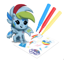 Size: 975x918 | Tagged: safe, artist:mary winkler, imported from derpibooru, rainbow dash, pegasus, pony, my little pony: pony life, bottle, concept art, cutie mark, fuzzikins, markers, my little pony logo, potion, rainbow dash's cutie mark, sketch, sticker, toy, traditional art