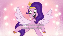 Size: 3072x1727 | Tagged: safe, imported from derpibooru, screencap, pipp petals, pegasus, pony, spoiler:g5, spoiler:my little pony: tell your tale, spoiler:tyts01e67, cutie mark, female, flying, g5, indonesian, mare, my little pony: tell your tale, open mouth, open smile, smiling, solo, spread wings, the rise and fall, wings