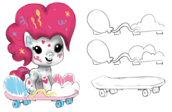 Size: 1200x785 | Tagged: safe, artist:mary winkler, imported from derpibooru, pinkie pie, earth pony, pony, my little pony: pony life, concept art, female, fuzzikins, skateboard, sketch, toy