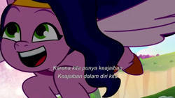 Size: 3072x1727 | Tagged: safe, imported from derpibooru, screencap, pipp petals, pegasus, pony, spoiler:g5, spoiler:my little pony: tell your tale, spoiler:tyts01e67, adorapipp, cute, female, flying, g5, indonesian, mare, my little pony: tell your tale, open mouth, open smile, smiling, solo, spread wings, the rise and fall, transition, wings