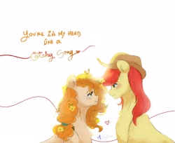 Size: 1900x1554 | Tagged: safe, artist:mikkybun, imported from derpibooru, bright mac, pear butter, earth pony, pony, blushing, buttercup, female, flower, flower in hair, looking at each other, looking at someone, looking into each others eyes, male, mare, ship:brightbutter, shipping, simple background, stallion, straight, text, white background