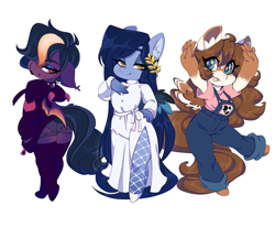 Size: 2835x2339 | Tagged: safe, artist:tolsticot, imported from derpibooru, oc, oc only, oc:mabel, anthro, bat pony, pegasus, unguligrade anthro, ass, bat pony oc, bat wings, bedroom eyes, butt, choker, clothes, coat markings, dress, eyebrows, eyebrows visible through hair, female, fishnets, floppy ears, freckles, hair over one eye, hoodie, hot pants, laurel, looking at you, looking back, mare, overalls, side slit, simple background, smiling, smiling at you, socks, spiked choker, stockings, thigh highs, trio, white background, wings