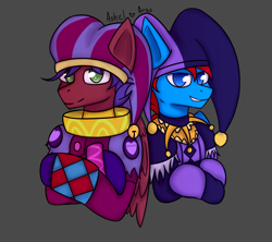 Size: 3083x2735 | Tagged: safe, artist:ashel_aras, imported from derpibooru, oc, oc only, oc:kladro, oc:vodorod, pegasus, pony, clothes, commission, costume, duo, hat, jester hat, jester outfit