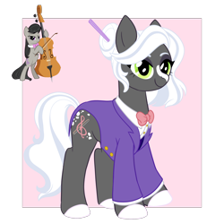 Size: 2400x2400 | Tagged: safe, artist:cckittycreative, imported from derpibooru, octavia melody, earth pony, pony, alternate design, bipedal, bowtie, cello, clothes, female, hair bun, high res, jacket, mare, musical instrument, simple background, smiling, solo, transparent background