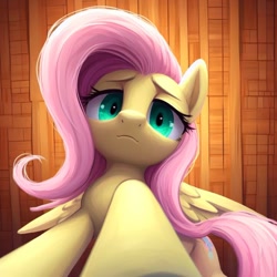 Size: 1024x1024 | Tagged: safe, imported from derpibooru, fluttershy, pegasus, pony, ai content, ai generated, female, g4, generator:dall-e 3, looking at you, looking down, looking down at you, looming, looming over, low angle, mare, offscreen character, pov, solo