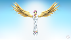 Size: 2560x1440 | Tagged: safe, artist:mysticalpha, imported from derpibooru, fluttershy, anthro, pegasus, unguligrade anthro, clothes, female, flying, hands together, looking up, mare, robes, solo, spread wings, wings