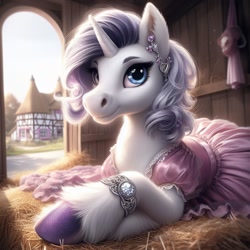 Size: 1024x1024 | Tagged: safe, imported from ponybooru, rarity, pony, unicorn, ai content, ai generated, alternate eye color, alternate hairstyle, bing, clothed ponies, clothes, dress, female, fluffy, hay, heterochromia, hoers, hoof polish, jewelry, leg fluff, looking at you, mare, pink dress, ponyville, prone, solo, unshorn fetlocks