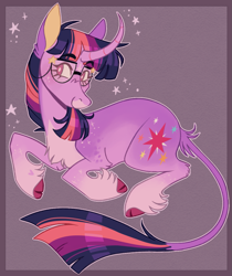 Size: 991x1177 | Tagged: safe, artist:wanderingpegasus, imported from derpibooru, twilight sparkle, pony, unicorn, cloven hooves, curved horn, fetlock tuft, glasses, horn, leonine tail, smiling, solo, sparkles, tail, unicorn twilight