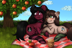 Size: 2400x1609 | Tagged: safe, artist:yumomochan, imported from derpibooru, oc, oc only, earth pony, apple, apple tree, blushing, clothes, commission, date, ear fluff, female, food, hug, mare, oc x oc, picnic, picnic blanket, shipping, smiling, socks, striped socks, tree