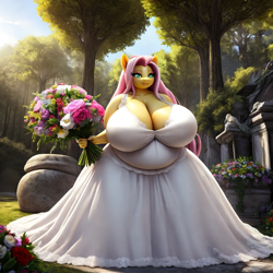 Size: 1024x1024 | Tagged: safe, derpibooru exclusive, imported from derpibooru, fluttershy, anthro, ai content, ai generated, bbw, belly, big belly, big breasts, bouquet, breasts, busty fluttershy, cleavage, clothes, dress, fat, fattershy, flower, generator:stable diffusion, huge breasts, impossibly large breasts, long skirt, obese, outdoors, prompter:professordoctorc, skirt, ssbbw, wedding dress, white dress, wingless