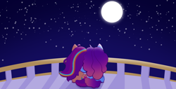 Size: 1760x894 | Tagged: safe, artist:k1ttygam3r, imported from derpibooru, sunny starscout, earth pony, pony, unicorn, balcony, cuddling, fanfic art, female, g5, hug, lesbian, mare, misty brightdawn, mistystar, moon, my little pony: tell your tale, night, night sky, rear view, shipping, sky, stargazing