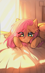 Size: 1545x2487 | Tagged: safe, artist:tyutya, imported from derpibooru, fluttershy, pegasus, pony, crepuscular rays, cute, ear fluff, eye clipping through hair, eyebrows, eyebrows visible through hair, female, g4, indoors, looking at you, mare, shyabetes, signature, smiling, smiling at you, solo, wings