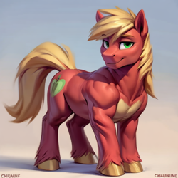 Size: 768x768 | Tagged: safe, imported from ponybooru, big macintosh, earth pony, pony, ai content, ai generated, beautiful, gradient background, looking at you, male, muscles, muscular male, muscular stallion, stallion, strong