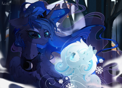 Size: 3500x2527 | Tagged: safe, artist:kefirro7, imported from derpibooru, princess luna, oc, oc:snowdrop, alicorn, pegasus, pony, cheek fluff, chest fluff, crown, duo, duo female, ear fluff, ethereal mane, eyeshadow, female, filly, foal, g4, horn, jewelry, lidded eyes, makeup, regalia, sad, smiling, snow, snowflake, sparkles