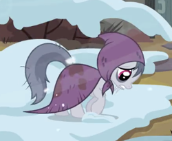 Size: 330x270 | Tagged: safe, imported from derpibooru, screencap, earth pony, pony, hearth's warming eve (episode), background pony, bags under eyes, clothes, earth pony tribe, female, mare, snow, unnamed character, unnamed pony