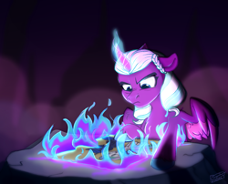 Size: 1310x1061 | Tagged: safe, artist:rutkotka, imported from derpibooru, opaline arcana, princess celestia, princess luna, alicorn, pony, female, fire, g5, glowing, glowing horn, horn, magic, magic aura, mare, royal sisters, siblings, sisters, solo, wings