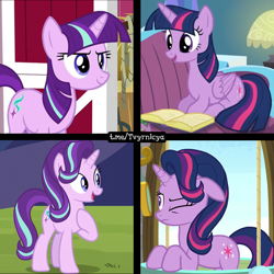 Size: 1024x1024 | Tagged: safe, edit, edited screencap, editor:rimour, imported from derpibooru, screencap, starlight glimmer, twilight sparkle, alicorn, pony, unicorn, harvesting memories, spoiler:harvesting memories, spoiler:mlp friendship is forever, alternate hairstyle, caption, confident, faic, female, g4, horn, image macro, mane swap, mare, meme, not starlight glimmer, not twilight sparkle, open mouth, reading, smiling, smirk, starlight sparkle, text, twiface, twilight glimmer, twilight sparkle (alicorn), unicorn twilight