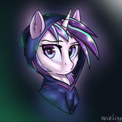 Size: 1400x1400 | Tagged: safe, artist:weiling, imported from derpibooru, starlight glimmer, pony, unicorn, bust, clothes, fanfic art, female, gradient background, horn, jumpsuit, mare, portrait, solo, vault suit