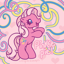 Size: 3000x3000 | Tagged: safe, artist:leopardsnaps, imported from derpibooru, pinkie pie (g3), earth pony, pony, abstract background, bipedal, g3, g3.5, multicolored hair, simple background, smiling, solo, style emulation