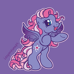 Size: 1200x1200 | Tagged: safe, artist:leopardsnaps, imported from derpibooru, starsong, pegasus, pony, bipedal, colored wings, g3, g3.5, gradient wings, hoof on chest, multicolored hair, raised hoof, simple background, smiling, solo, style emulation, wings