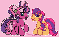 Size: 1900x1200 | Tagged: safe, artist:leopardsnaps, imported from derpibooru, cheerilee (g3), scootaloo, earth pony, pony, duo, g3, g3.5, multicolored hair, ponytail, raised hoof, simple background, smiling, style emulation