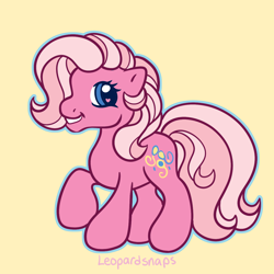 Size: 1200x1200 | Tagged: safe, artist:leopardsnaps, imported from derpibooru, pinkie pie (g3), earth pony, pony, g3, g3.5, multicolored hair, raised hoof, simple background, smiling, solo, style emulation