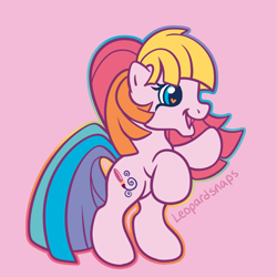 Size: 1200x1200 | Tagged: safe, artist:leopardsnaps, imported from derpibooru, toola roola, earth pony, pony, bipedal, g3, g3.5, multicolored hair, rainbow hair, raised hoof, simple background, smiling, solo, style emulation