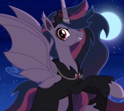 Size: 1019x907 | Tagged: safe, artist:princess.book.horse.x, imported from derpibooru, twilight sparkle, alicorn, bat pony, bat ponified, clothes, costume, dress, ethereal mane, jewelry, mascara, moon, night, nightmare night, nightmare night costume, older, older twilight, race swap, red eyes, ring, solo, twibat, twilight sparkle (alicorn)