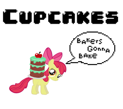 Size: 775x684 | Tagged: safe, artist:polygonical, artist:purplefairy456, edit, imported from derpibooru, apple bloom, earth pony, pony, call of the cutie, season 1, 8-bit, cake, carrying, cupcake song, female, filly, foal, food, g4, game boy, haters gonna hate, meme, simple background, solo, song cover, speech bubble, vector, white background