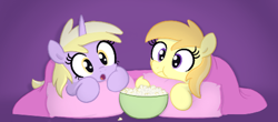 Size: 469x206 | Tagged: safe, artist:algoatall, dinky hooves, noi, earth pony, unicorn, :o, blanket, bowl, cute, eating, female, filly, food, open mouth, pillow, popcorn, watching tv