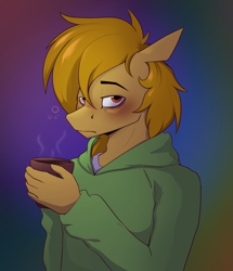 Size: 2489x2900 | Tagged: safe, artist:luxsimx, imported from derpibooru, oc, oc:dozer, anthro, earth pony, clothes, coffee, male, solo, sweater, tired