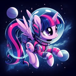 Size: 1024x1024 | Tagged: prompter needed, safe, imported from derpibooru, twilight sparkle, alicorn, pony, ai content, ai generated, astronaut, female, g4, generator:bing image creator, generator:dall-e 3, mare, solo, space, space helmet, spacesuit, spread wings, tail, twilight sparkle (alicorn), wings