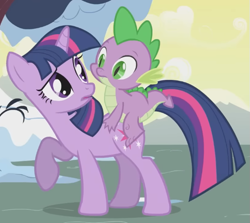 Size: 575x514 | Tagged: safe, imported from derpibooru, screencap, spike, twilight sparkle, dragon, pony, unicorn, season 1, winter wrap up, closed mouth, cropped, cute, duo, female, frown, g4, looking at each other, looking at someone, male, mare, open mouth, raised hoof, standing, turned head, twiabetes, unicorn twilight