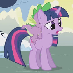 Size: 512x512 | Tagged: safe, imported from derpibooru, screencap, spike, twilight sparkle, dragon, pony, unicorn, season 1, winter wrap up, cropped, cute, duo, eyebrows, female, frown, g4, male, mare, open mouth, raised eyebrow, standing, twiabetes, unicorn twilight