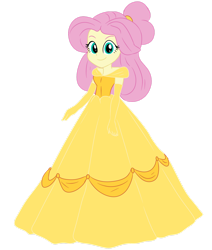 Size: 1280x1509 | Tagged: safe, artist:qsky, imported from derpibooru, fluttershy, human, equestria girls, alternate hairstyle, belle, clothes, dress, evening gloves, female, g4, gloves, gown, humanized, long gloves, princess costume, princess dress, smiling, solo, solo female