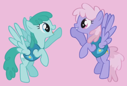 Size: 628x421 | Tagged: safe, imported from derpibooru, screencap, rainbowshine, spring melody, sprinkle medley, pegasus, pony, season 1, winter wrap up, cropped, duo, female, flying, g4, grin, high five, looking at each other, looking at someone, mare, open mouth, ponies standing next to each other, rainbowdorable, smiling, sprinklebetes, weather team, winter wrap up vest