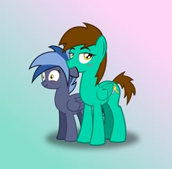 Size: 1097x1080 | Tagged: safe, artist:maxiclouds, imported from derpibooru, oc, oc only, oc:leslie secgen, oc:pixi feather, pegasus, pony, biting, blue coat, blue mane, blue tail, blushing, brown mane, brown tail, duo, ear bite, embarrassed, eyelashes, female, femboy, folded wings, green coat, looking at you, male, mare, stallion, stallion on mare, straight, tail, tiny pupils, wings, yellow eyes