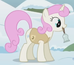 Size: 303x267 | Tagged: safe, imported from derpibooru, screencap, twinkleshine, pony, unicorn, season 1, winter wrap up, adorableshine, animal team, bell, cropped, cute, female, g4, mare, mouth hold, smiling, snow, standing, winter wrap up vest