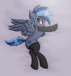 Size: 1668x1772 | Tagged: safe, artist:maxiclouds, imported from derpibooru, oc, oc only, oc:pixi feather, pegasus, pony, bedsheets, black socks, blushing, chest fluff, clothes, cutie mark, eyelashes, looking at you, pegasus oc, socks, spread wings, stockings, thigh highs, wings, yellow eyes