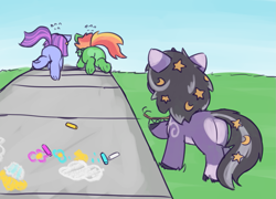 Size: 1245x894 | Tagged: safe, artist:rivibaes, imported from derpibooru, oc, oc:amaranth, oc:rivibaes, oc:zesty, insect, pegasus, unicorn, chalk, female, filly, foal, running away, sad