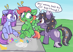 Size: 1245x894 | Tagged: safe, artist:rivibaes, imported from derpibooru, oc, oc:amaranth, oc:rivibaes, oc:zesty, insect, pegasus, unicorn, chalk, dialogue, exclamation point, female, filly, foal, interrobang, question mark, scared, speech bubble