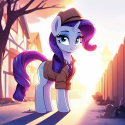 Size: 2048x2048 | Tagged: safe, imported from derpibooru, rarity, unicorn, ai content, ai generated, clothes, detective, detective rarity, fedora, female, g4, hat, prompter:ponaiart, solo