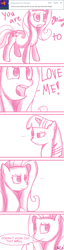 Size: 488x1920 | Tagged: dead source, safe, artist:flirtershy, imported from derpibooru, fluttershy, twilight sparkle, pegasus, pony, unicorn, ..., ask, bust, comic, dialogue, female, lesbian, mare, monochrome, ship:twishy, shipping, simple background, tumblr, unicorn twilight, white background, you're going to love me